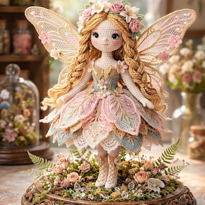 May include: A handmade crochet fairy doll, "Floria", with blonde plaits, a floral crown, and detailed wings. The doll is dressed in a layered pastel pink, blue, and cream dress. It is displayed on a decorative base with flowers and greenery. The text "Floria The Grand Enchanted Fairy" is visible.