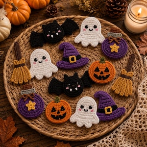 May include: A collection of crocheted Halloween-themed appliques including black bats with white fangs, white ghosts with pink cheeks, purple witch hats with yellow buckles, orange jack-o'-lanterns, purple potion bottles with yellow stars, and brown brooms.