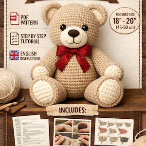 Puede incluir: Un patrón de ganchillo para un oso de peluche grande. El tamaño final es de 45-50 cm. El patrón incluye instrucciones escritas, tutoriales fotográficos y una guía de puntadas detallada. El oso es beige con un lazo rojo.
