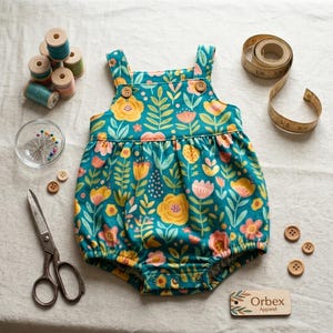 May include: A teal baby romper with a floral pattern of yellow and pink flowers and green leaves. The romper has wooden buttons and straps. Sewing supplies, including thread spools, pins, scissors, and a measuring tape, are arranged around the romper.
