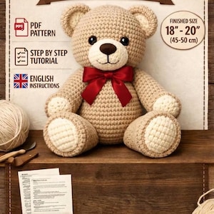 May include: A crocheted teddy bear with a red bow, featured in a crochet pattern. The pattern includes English instructions, a step-by-step tutorial, and is available as a digital download. The finished size is 18"-20" (45-50 cm).