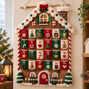 May include: A crocheted gingerbread house advent calendar featuring twenty-four numbered pockets in red, green, and white. The wall hanging includes festive appliqués like snowflakes, trees, candy canes, and gingerbread figures, suspended from a wooden rod.