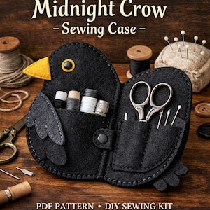 Puede incluir: Un estuche de costura de fieltro negro con forma de cuervo, con pico y ojo amarillos. El estuche abierto revela bolsillos con carretes de hilo, tijeras, agujas y dedales. El texto "Midnight Crow - Sewing Case" es visible en la parte superior.