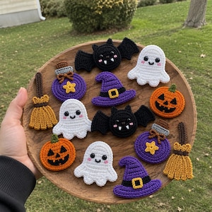 Halloween-Häkelapplikationsmuster, Geister-Kürbis-Fledermaus-Hexenhut-Zaubertrank-Besen-Set (PDF-Download)