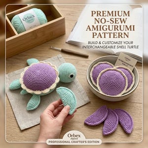 May include: A crochet amigurumi turtle pattern with interchangeable shells. The turtle has a purple shell with a cream-colored scalloped edge, and light green flippers and head. The image includes yarn, shells, and the text "PREMIUM NO-SEW AMIGURUMI PATTERN".