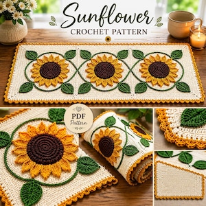 Sunflower Table Runner Crochet Knitting Pattern, Textured Floral Fall Decor (Digital Download PDF)