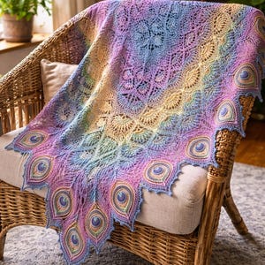 Peut inclure: Un grand châle en crochet semi-circulaire présentant un dégradé de couleurs vives violet, bleu, jaune et vert. Le motif en dentelle complexe intègre des motifs répétés de plumes de paon le long du bord inférieur festonné et pointu.