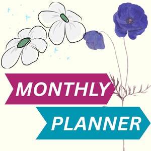 Puede incluir: Una portada de planificador mensual con dos flores blancas de centros verdes, una amapola azul y el texto "MONTHLY PLANNER" en blanco sobre cintas moradas y turquesas. El diseño incluye pequeñas chispas azules y un borde de formas geométricas coloridas.