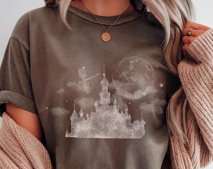 Featured listing image: Fantasy Castle Shirt, Dark Academia Shirt, Cozy Book Lover Tee, Gothic Castle Graphic, Comfort Colors Shirt, Literary Aesthetic Top