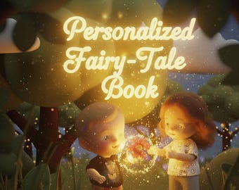 May include: An illustrated image with the text "Personalized Fairy-Tale Book". Two cartoon children are in a forest setting, one holding a glowing flower. The scene is illuminated with soft light and sparkles.