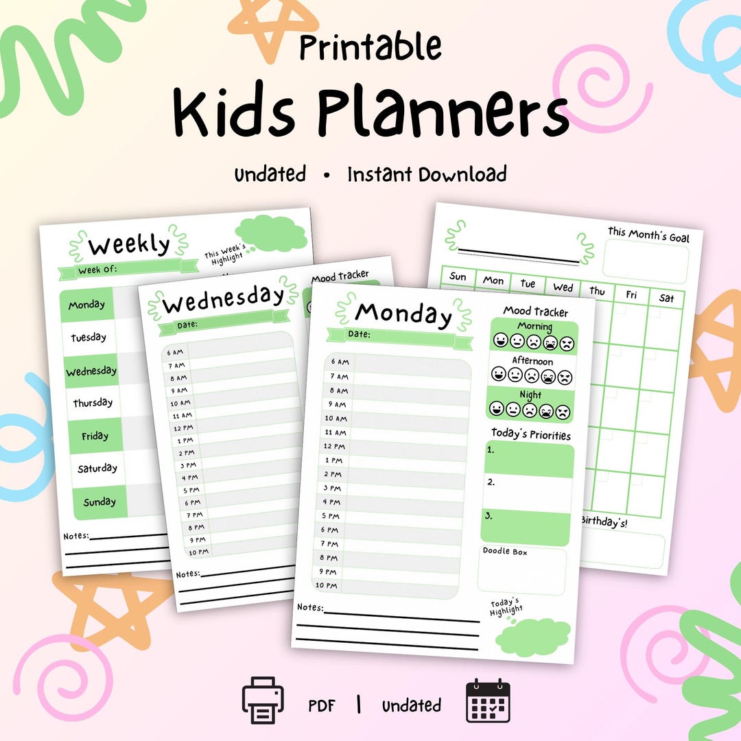 GREEN PRINTABLE Kids Planner – Daily Weekly Monthly Planner Bundle ...