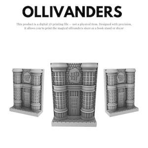 Könnte beinhalten: Eine digitale 3D-Druckdatei für Ollivanders, ein magisches Geschäft. Das Design zeigt eine detaillierte Fassade mit Säulen, Fenstern und einer Tür, perfekt für einen Buchständer oder Dekoration. Der Text "OLLIVANDERS" ist oben angezeigt.