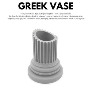 Op de afbeelding: Een grijze, 3D-geprinte Griekse vaas in de vorm van een klassieke zuil. De vaas heeft een gegroefd lichaam en een cirkelvormige opening. De tekst "GREEK VASE" staat boven de vaas.