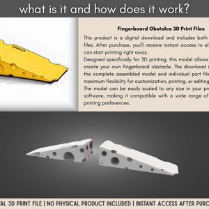 May include: A digital 3D print file for a fingerboard obstacle shaped like a wedge of cheese. The image displays a yellow cheese-shaped model with the word Cheese printed on it, alongside two white 3D printed versions of the same wedge shape.