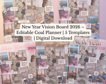 Vision Board 2026 Editable New Year Goals | 5 Canva Designs | Digital Download
