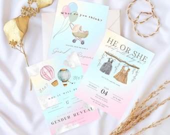 Editable Gender Reveal Invites | He or She Baby Shower Canva Template | Printable Digital