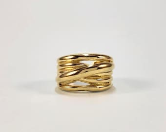 Anillo cruzado de oro • Anillo de múltiples bandas grueso • Anillo llamativo entrelazado • Latón chapado en oro • Anillo ancho ajustable • Joyería moderna y audaz