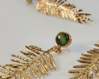 Pendientes colgantes de hoja de trigo dorada / Ojo de tigre verde, latón bohemio