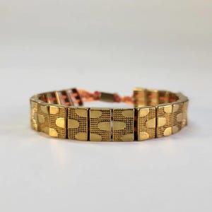 Textured Gold Tile Bracelet, Adjustable Macrame Beaded Bracelet, Boho Gold Block Bracelet, Statement Geometric Bangle, Gift for Her