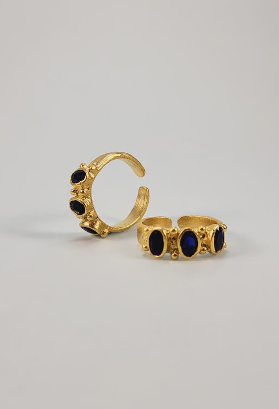 Gold Plated Brass Three Stone Ring • Adjustable, Emerald & Navy