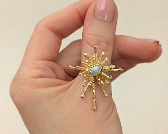 Anillo de oro con efecto sol • Anillo llamativo con efecto estrella y perla Majorica
