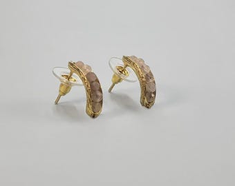 Gold Plated Rose Quartz Ear Climbers, Curved Bar Studs