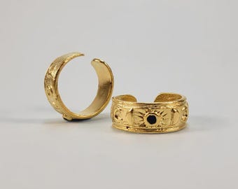 Gold Celestial Ring • Sun Moon Star, Blue Zircon, Adjustable