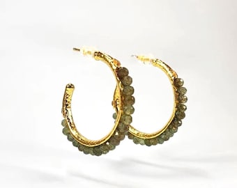 Gold Plated Beaded Hoop Earrings • Green Natural Stone C-Hoops
