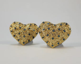 Gold Plated Puffed Heart Earrings, Black Agate Studs, Vintage Style