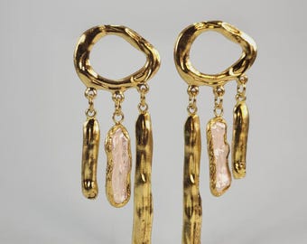Gold Plated Dangle Earrings, Real Stick Pearl, Melted Texture