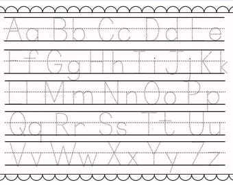 May include: Black and white alphabet tracing worksheet. Uppercase and lowercase letters A through Z are displayed in dotted lines for tracing practice. The worksheet has a decorative scalloped border.