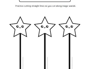 May include: Black and white worksheet with the text "I CAN CUT ALONG LINES". It features three star-shaped magic wands with smiling faces, each with a dotted line and scissors graphic for cutting practice.
