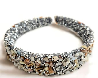 Beige Blue Crystal Headband | Wide Gemstone Statement Hair Accessory, Wedding Guest Elegance