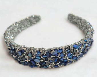 Blue Crystal Headband | Wide Gemstone Statement Headband | Handmade Elegant Hair Accessory for Wedding Guest
