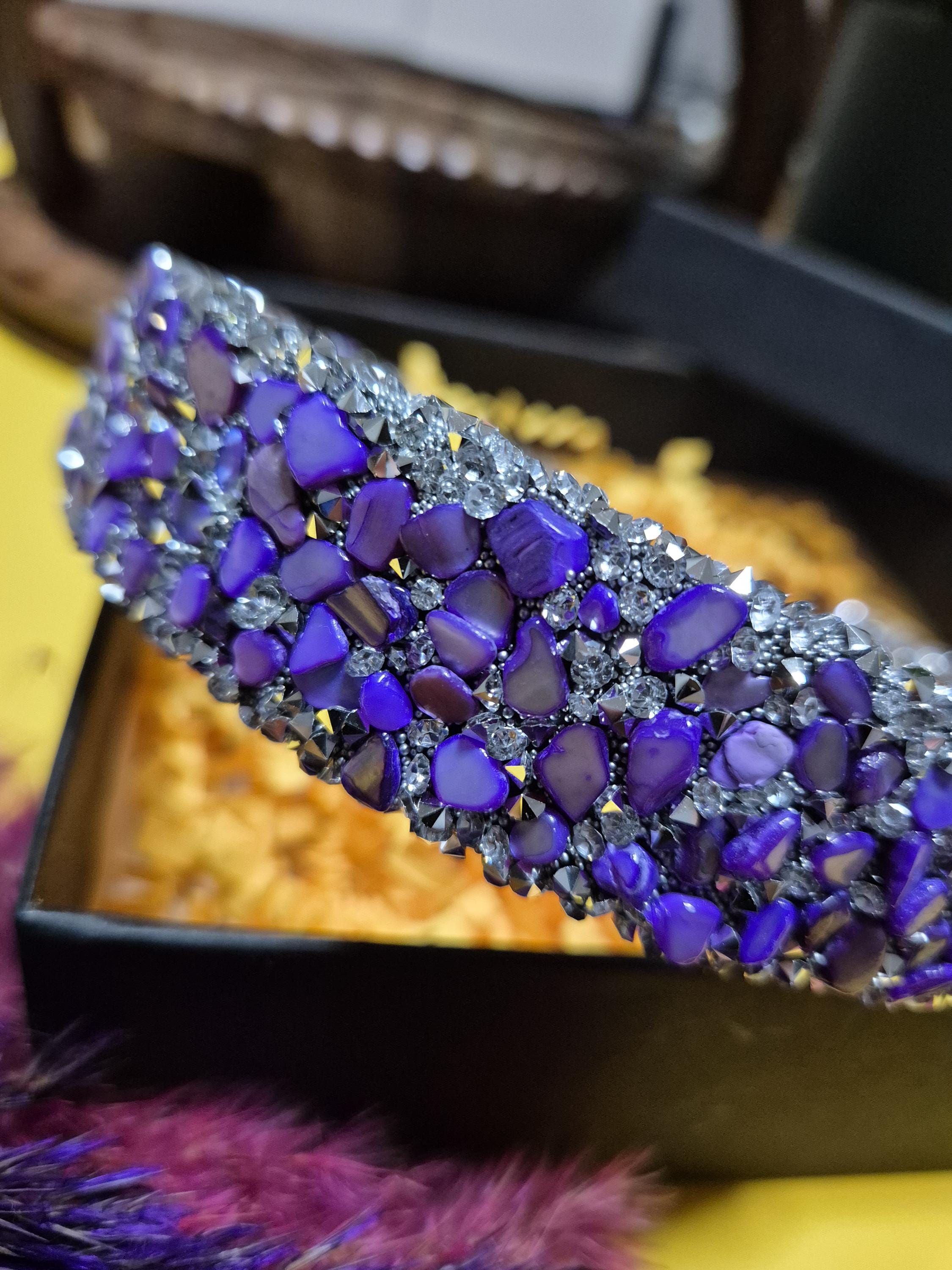 New handmade boutique stones beads flexible wide headband purple Purple Crystal Headband | Wide Gemstone Statement Headband  main image 2