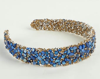Blue Crystal Headband | Wide Gemstone Statement Headband | Handmade Elegant Hair Accessory for Wedding Guest