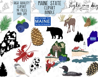 Maine State Clipart Bundle, Moose, Bear, Loon, Lobster Planner Stickers, Scrapbooking, Digital Graphics, PNG, Commercial Use