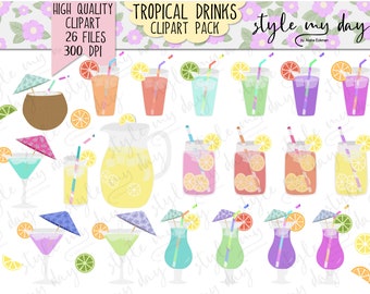 Tropical Drinks Clipart Set Digital Files Instant Download Cute Martini Margarita Pink Lemonade Fruit Slices Summer Party Favors Invitations