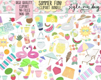 Summer Fun! Seasonal Clipart Mega Bundle! Instant Download Flip Flops Sun martini Margarita Vacation Popsicles Printable Stickers Graphics