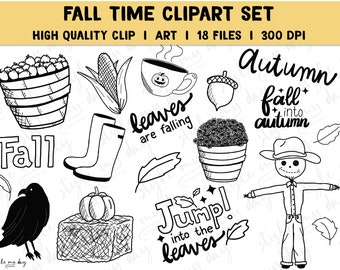 Fall Autumn Time Cute Clipart Bundle PNG Printable Stickers Halloween Apples Crow Scarecrow Acorn Corn Leaves October Graphics