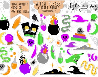 Witch, Please! Clipart Pack, Halloween Colors, Witchy, Mystical, Printable Stickers, Digital Scrapbooking, Graphics, PNG, Commercial Use