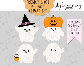 Halloween Ghost Cute Clipart Bundle PNG Printable Stickers October Graphics Trick or Treat Pumpkin Head Friendly