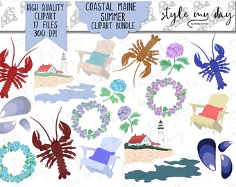 Coastal Maine Summer Clipart Bundle, Cute, Ocean Lighthouse Lobster Planner Stickers, Scrapbooking, Digital Graphics, PNG, Commercial Use