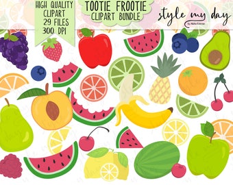 Tootie Frootie Fruit Clipart Set Digital Files Instant Download Cute Watermelon Apples Banana Slices Summer Party Favors Cherry Cherries