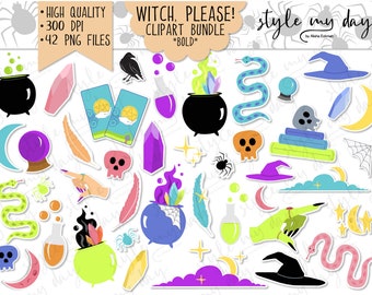 Witch, Please! Clipart Bundle, Halloween Colorful Cute, Witchy, Planner Stickers, Scrapbooking, Digital Graphics, PNG, Commercial Use