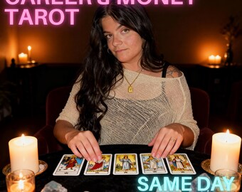 May include: A person sits at a table with tarot cards, lit candles, and crystals. The text "CAREER & MONEY TAROT" is above, and "SAME DAY DELIVERY" is below. The person is wearing a beige top and a gold necklace.