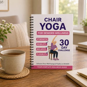 May include: A spiral-bound book titled "Chair Yoga for Seniors Wellness" with a woman doing chair yoga on the cover. The book is on a wooden table next to a cup of tea and a coaster. The book promises a 30-day challenge.
