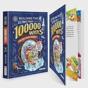 May include: A hardcover book titled "Building the Ultimate Brain 100000 Whys" for kids. The cover is navy blue with gold and white text and illustrations of cartoon characters. The book is open to reveal colorful illustrations.