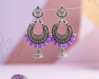 Purple Oxidized Chandbali Earrings for Women | Boho Ethnic Jhumka | Indian Traditional Jewelry | Statement Earrings Gift