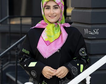 Floral Silk Twill Scarf - Pink & Green Designer Headscarf (35x35 inch)